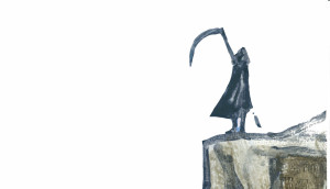 La morte e la falce, illustrazione di Antony Fachin per Pioggia inversa. Storia del diavolo e un precario (Ed. Il Sestante)